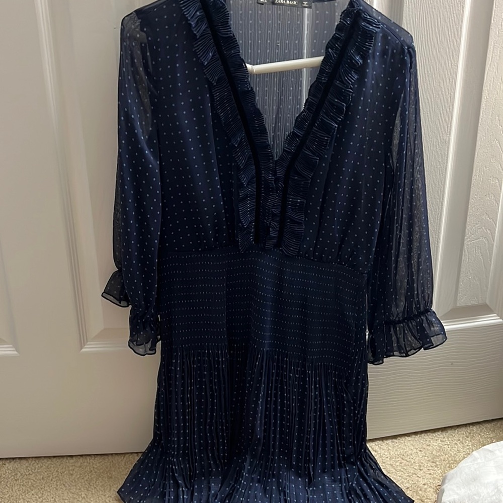 Zara blue navy dotted v neck dress size small